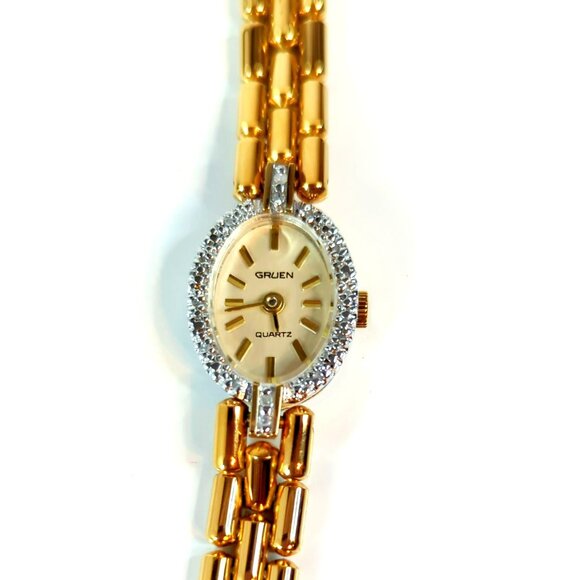 Vintage Gruen Women's Gold-Tone Quartz Watch With Rhinestone Bezel - Picture 3 of 7